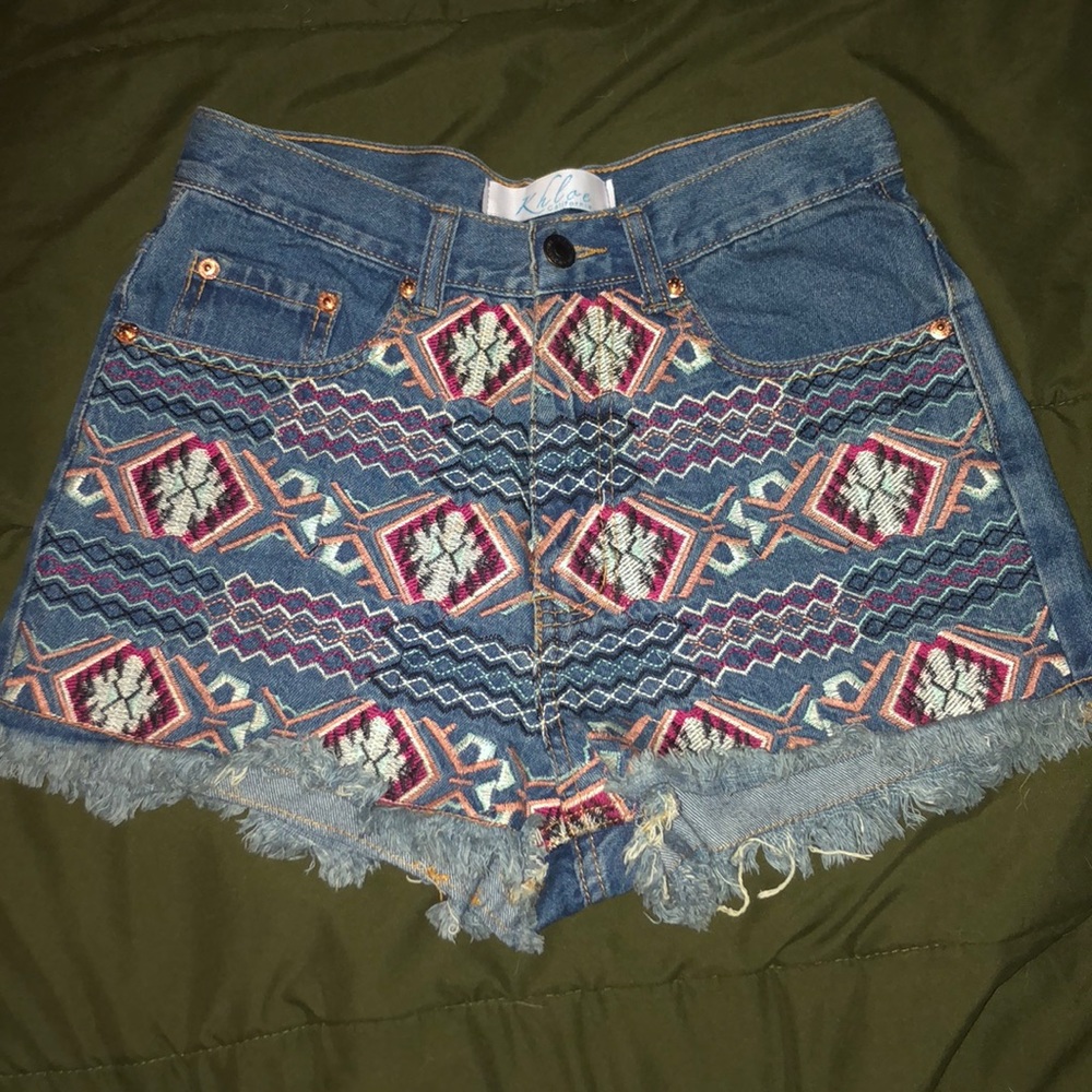 High Waist Embroidered Denim Shorts